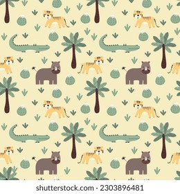 Vector seamless pattern with crocodile, rhinoceros, tiger.Tropical jungle cartoon creatures.Pastel animals background.Cute natural pattern for fabric, childrens clothing,textiles,wrapping paper