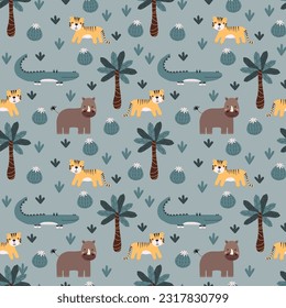 Vector seamless pattern with crocodile, rhinoceros, tiger.Tropical jungle cartoon creatures.Pastel animals background.Cute natural pattern for fabric, childrens clothing,textiles,wrapping paper.