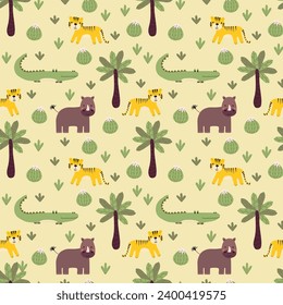 Vector seamless pattern with crocodile, rhinoceros, tiger.Tropical jungle cartoon creatures.Pastel animals background.Cute natural pattern for fabric, childrens clothing,textiles,wrapping paper.