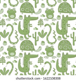 Vector Seamless Pattern with Crocodiles. African savannah landscape.