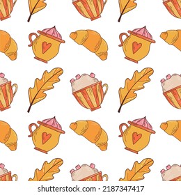 Vector seamless pattern with croissant and cups of cocoa. Colorful cute background in autumn colors