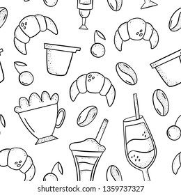 Vector seamless pattern with croissants, coffee beans, mugs, cherries, lattes and cappuccino. Hand-drawn style