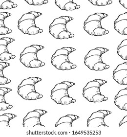 Vektorillustration nahtlose Muster mit Croissants. Doodle-Stil. Handgezeichnete Vektorillustration. Schwarze Umrisse. Design für Café-Menü, Scrapbooking, Textilien, Packpapier, Postkarten, gedruckte Materialien.