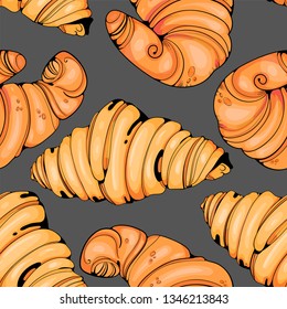 Vector seamless pattern, croissants on a gray background.
