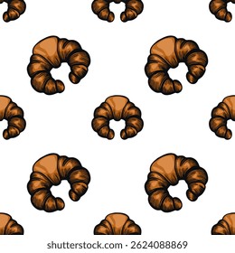 A vector seamless pattern of croissants on a white background, featuring a variety of croissant shapes and shades, emphasizing their flaky texture and golden-brown color.
