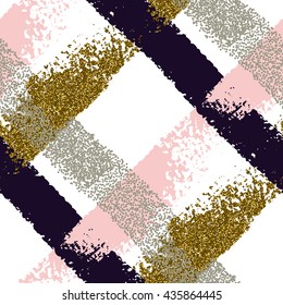 Vector seamless pattern with crossed hand drawn gold glitter textured brush strokes and stripes hand painted. Black, gold, pink, white colors.