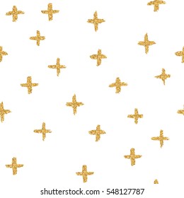 Vector seamless pattern with crosses, made of brush stroke and gold glitter.