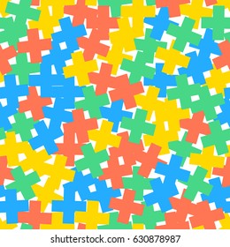 Vector seamless pattern of crosses or plus signs. Scattered and randomly rotated colorful shapes. Solid fill of red, blue, yellow and green color.