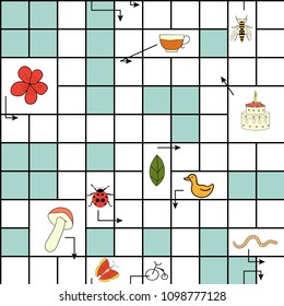 Vector seamless pattern with crossword puzzle. Bright and colorful repeat backdrop for children. School themed endless texture