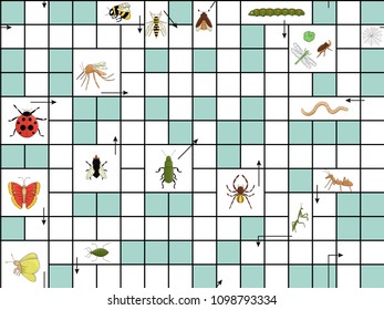 Vector seamless pattern with crossword puzzle. Bright and colorful repeat backdrop for children. School themed endless texture. Insect topic