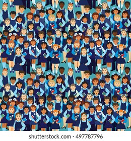 Vector seamless pattern. A crowd of children in the school uniform. Boys and girls of different nationalities in full growth on a blue background