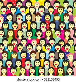 Vector seamless pattern. A crowd of girl  in colorful clothes in the fun cartoon style