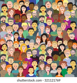 Vector seamless pattern. A crowd of people of different ages in colorful clothes in the fun cartoon style