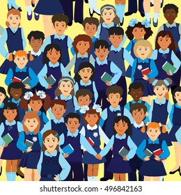 Vector seamless pattern. A crowd of pupils of different nationalities in uniform on a yellow background