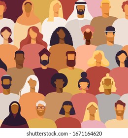 Vector seamless pattern. Crowd of young men and women. Diverse group o  people standing together. Society or population, social diversity. Flat cartoon illustration.