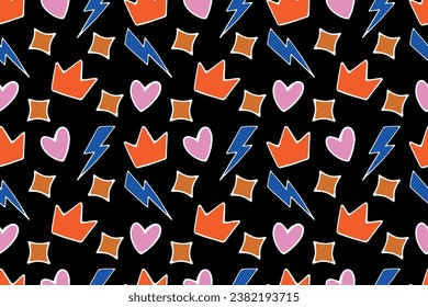 Vector seamless pattern Crown lightning heart on a black background