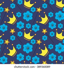 Vector seamless pattern. Crown, magic wand and blue flowers. Blue background