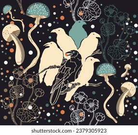 Vector seamless pattern of crows on a black background. Flock of birds, mushrooms and dots. Design for printing on textiles, paper, packaging.