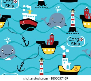 vector seamless pattern of cruise elements cartoon, cargo shipping cartoon with funny whale