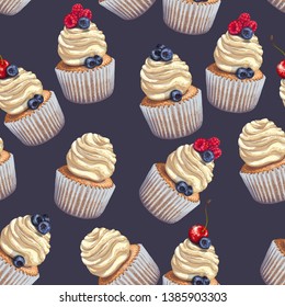 Vector seamless pattern of a crumbly, gentle wet biscuit cupcakes with a stunning soft air cheese cream, with juicy fresh blueberry, cherry and raspberry. Paper of cake got wet from the juiciness