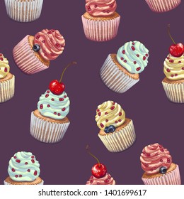 Vector seamless pattern of a crumbly, gentle wet biscuit cupcakes with a colorful soft air cheese cream, with juicy fresh blueberry, cherry and raspberry. Paper of cake got wet from the juiciness