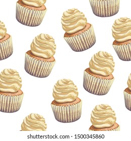 Vector seamless pattern of a crumbly, gentle wet biscuit cupcake with stunning cream soft air cheese cream, beige color, taste like creme brulee. Light-blue paper cake mold got wet from the juiciness