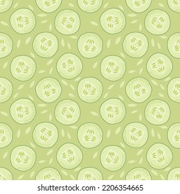 Vector seamless pattern of cucumber slices with seeds on a light green background in flat style. Summer pattern for fabrics, wrapping paper, banner backgrounds.