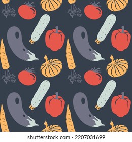 Vector seamless pattern with cucumbers, bell peppers, tomatoes, eggplants, carrots and onions on a dark background in a flat style. Limited palette, ideal for printing.