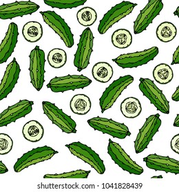 Vector Seamless Pattern with Cucumbers or Gherkins. Round Cucumber Slices with Seeds. Fresh Green Vegetable Salad. Healthy Vegetarian Cuisine. Hand Drawn Illustration Savoyar Doodle Style.