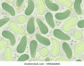 Vector seamless pattern with cucumbers. Plant decor for printing food labels, fabrics, food, paper.