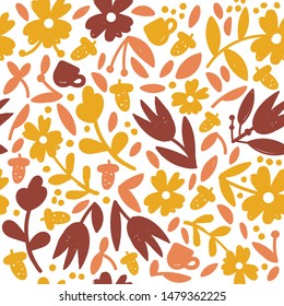 Vector seamless pattern with cup, acorn, falling leaves, autumn floral elements. Bright repeated texture for fall season. Wrapping paper. Autumn background with acorns, nuts, leaves, hot drink cups