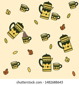 Vector seamless pattern with cup, acorn, falling leaves, autumn floral elements. Bright repeated texture for fall season. Wrapping paper. Autumn background with acorns, nuts, leaves, hot drink cups