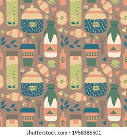 Vector seamless pattern with cup, bottle, jar, flower and bake on craft background. Zero-waste style, home kitchen utensils or coffee shop objects. For your design, cafe or kitchen decor, fabric, menu