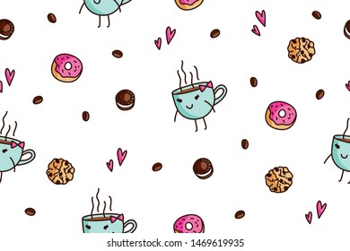 vector seamless pattern with cup of coffee, with donuts, cookies and coffee beans