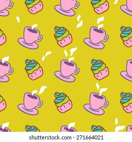 Vector seamless pattern with cup of coffee and cupcake. Good appetite!