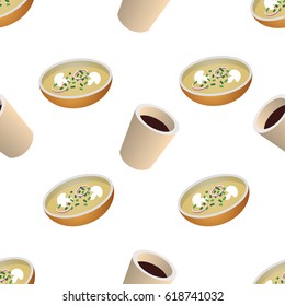 Vector seamless pattern with cup of coffee and plate of soup