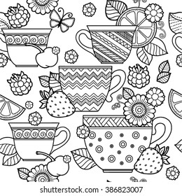 Vector Seamless pattern. Cup of herbal tea.Flowers and fruits