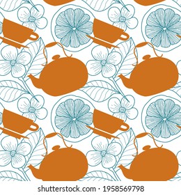 Vector seamless pattern with cup of tea, teapot, kettle, flowers and slice of lemon in vintage  style for fabrics, paper, textile, gift wrap isolated on white background 