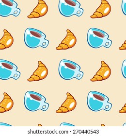 Vector seamless pattern with cup of tea or coffee and a croissant. Fresh bakery and hot drink.