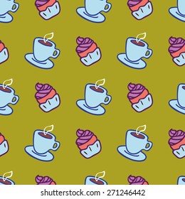 Vector seamless pattern with cup of tea or coffee and a cupcake.