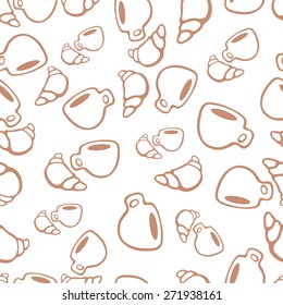 Vector seamless pattern with cup of tea or coffee and a croissant.