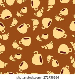 Vector seamless pattern with cup of tea or coffee and a croissant.