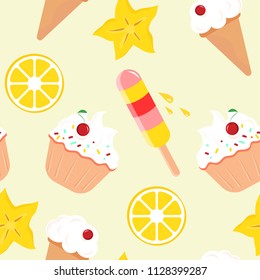 Vector seamless pattern with cupcake, lemon slices, ice cream and cannon. Food background for cafe, restaurant menu cover, wrapping paper, design banner. Creative summer wallpaper.