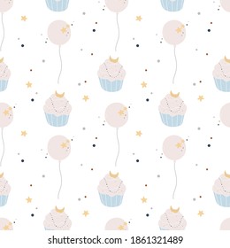 vector seamless pattern with cupcakes, balloons and stars on white background. Design concept for holidays birthday greeting cards, festival decoration, gift card.