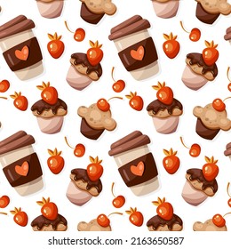 Patrón vectorial sin fisuras de cupcakes y taza de café. Trato de comida.