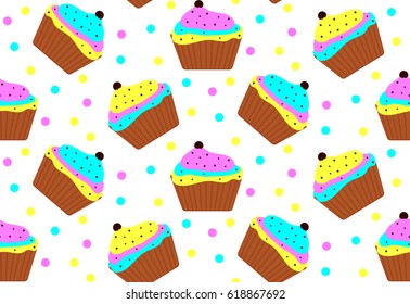 vector seamless pattern of cupcakes with colorful icing and chocolate sprinkles