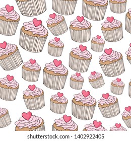 vector seamless pattern of cupcakes with cream and hearts