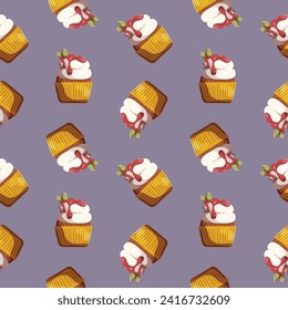 Vector seamless pattern with cupcakes with cream and jam. Baking, bakery shop, cooking, sweet products, dessert, pastry concept, catering. Vector illustration for poster, banner, website, advertising.