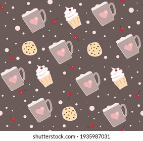 Vector seamless pattern with cupcakes, cups of coffee and cookies on a dark background. Flat Illustration for textile, fabric, bakery shop