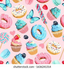 Vector seamless pattern with cupcakes and donuts